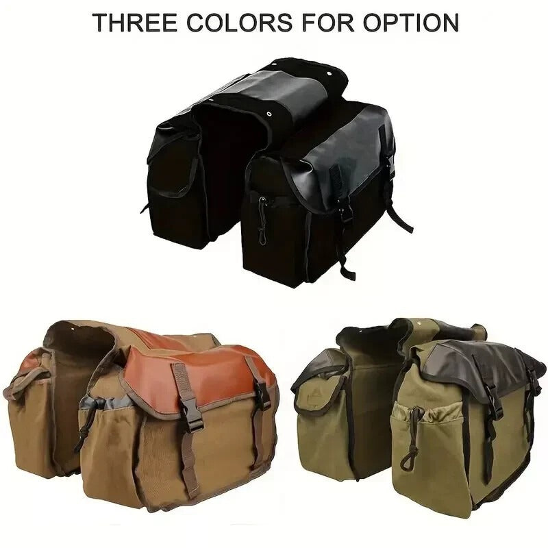 Three saddle bags in black, brown, and green with text 'THREE COLORS FOR OPTION' on a white background.