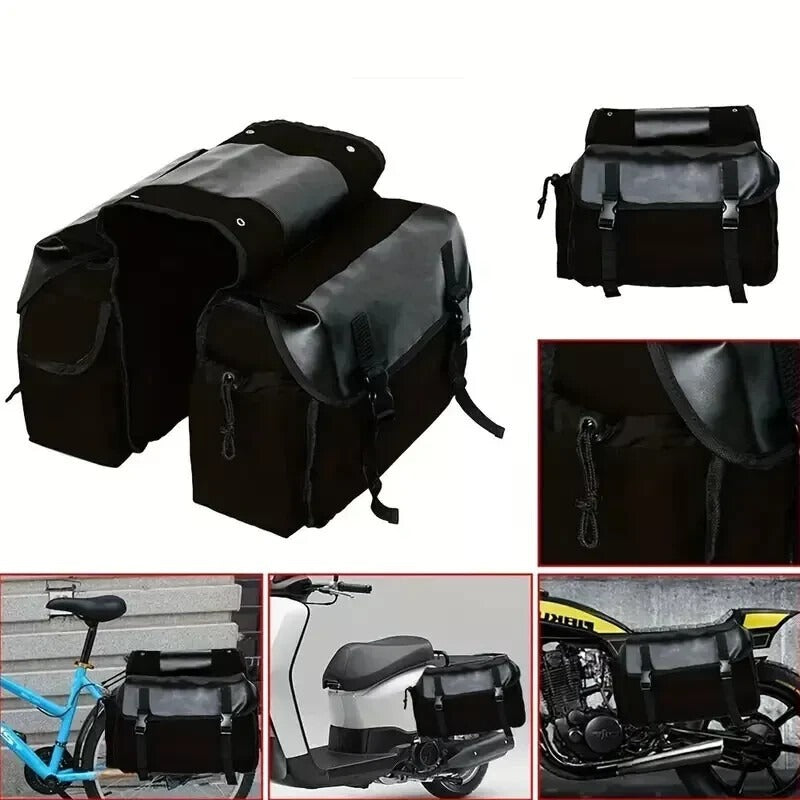 Black and gray motorcycle saddlebags with various application examples on a white background.